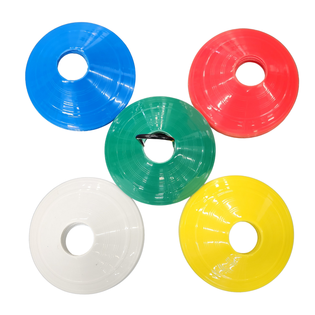 Agility Cone Set on black metal stand. Cone set come with 5 different colored cones: white, red, blue, green and yellow. 10 cones per color for a total 50 cones/set by White Lion Athletics.