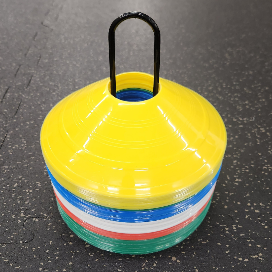 Agility Cone Set on black metal stand. Cone set come with 5 different colored cones: white, red, blue, green and yellow. 10 cones per color for a total 50 cones/set by White Lion Athletics.