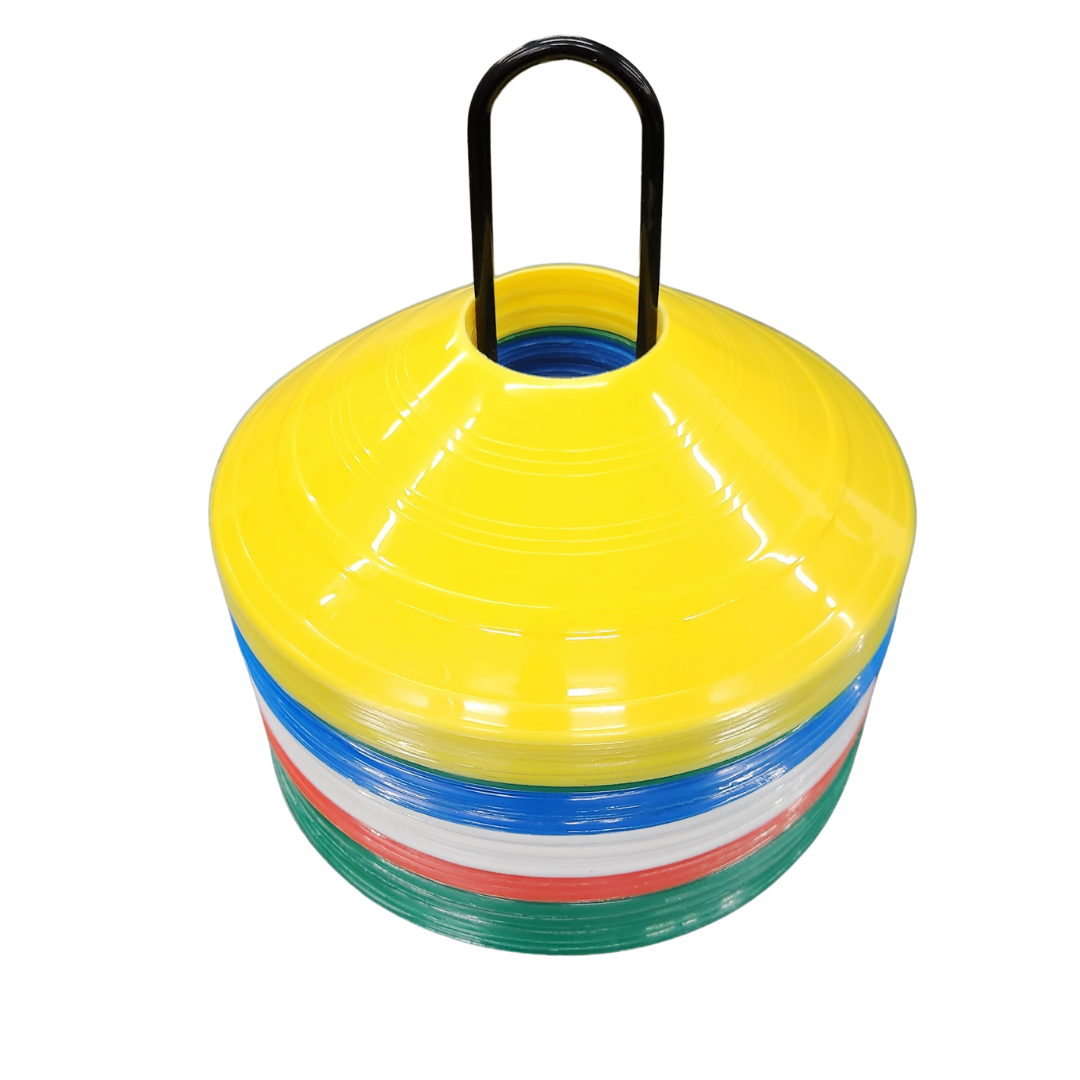 Agility Cone Set on black metal stand. Cone set come with 5 different colored cones: white, red, blue, green and yellow. 10 cones per color for a total  50 cones/set by White Lion Athletics. 