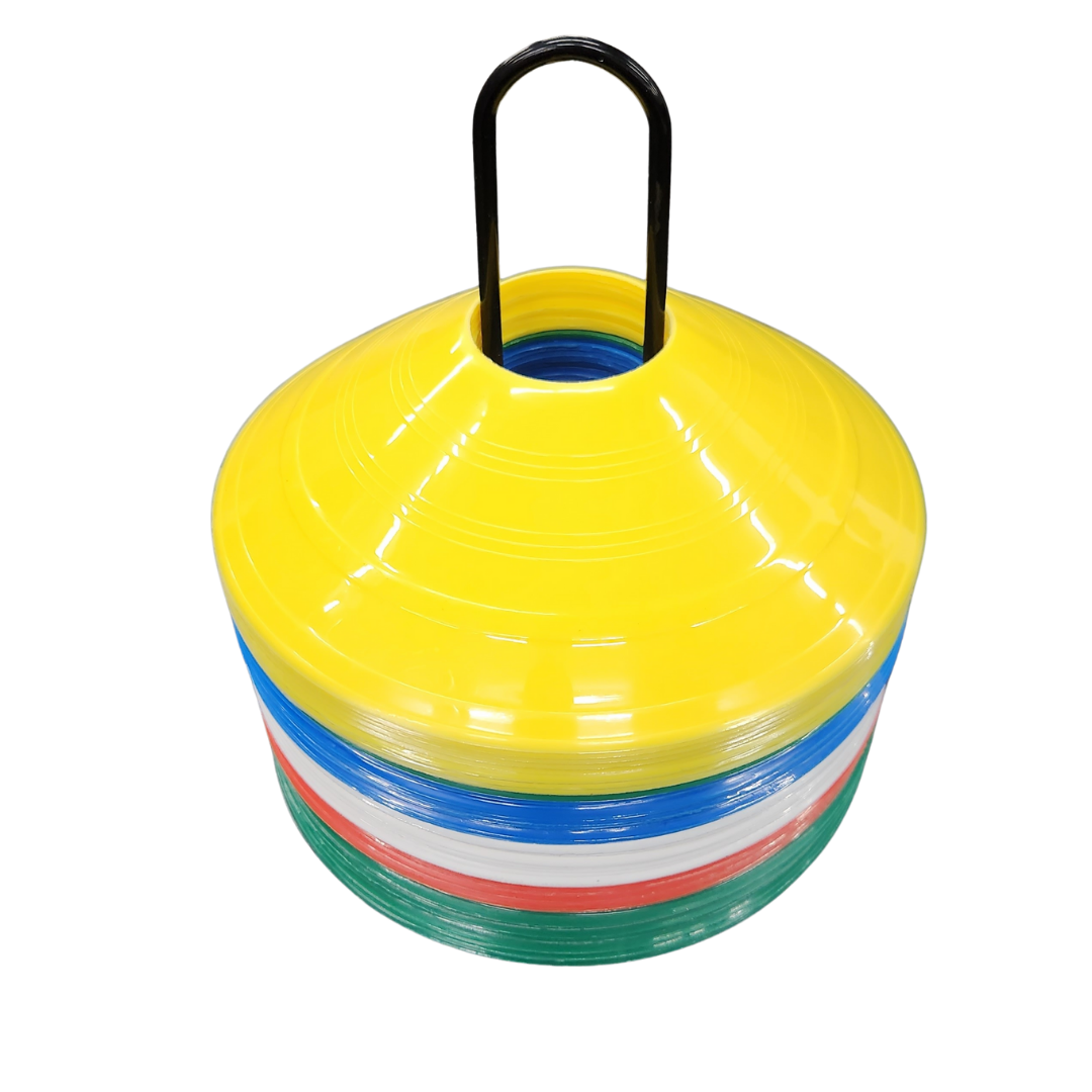 Agility Cone Set on black metal stand. Cone set come with 5 different colored cones: white, red, blue, green and yellow. 10 cones per color for a total 50 cones/set by White Lion Athletics.