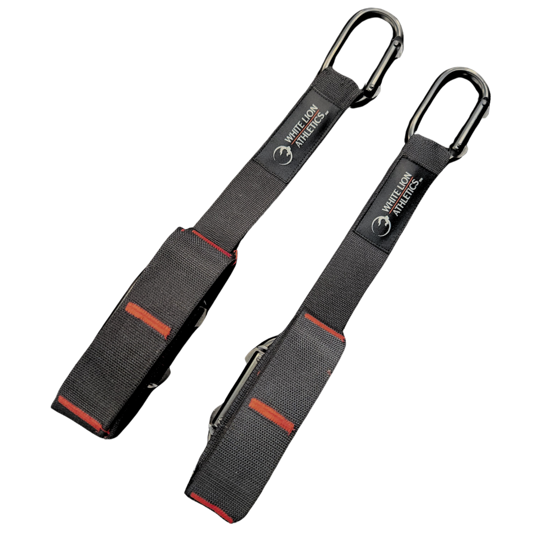 A pair of competition gymnastic straps made of two inch wide, black heavy duty webbing with heavy duty black carabiners and triple stitched carabiner loops made by White Lion Athletics.