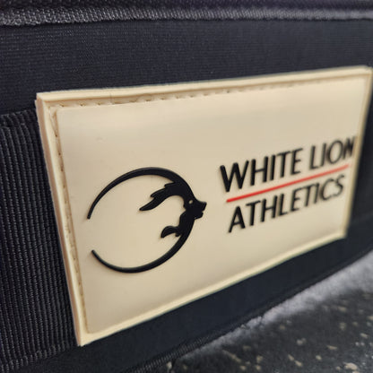 Close-up logo shot of rubber logo. Weightlifting Belt | BLK MAX  5" Nylon Lifting Belt - White Lion Athletics
