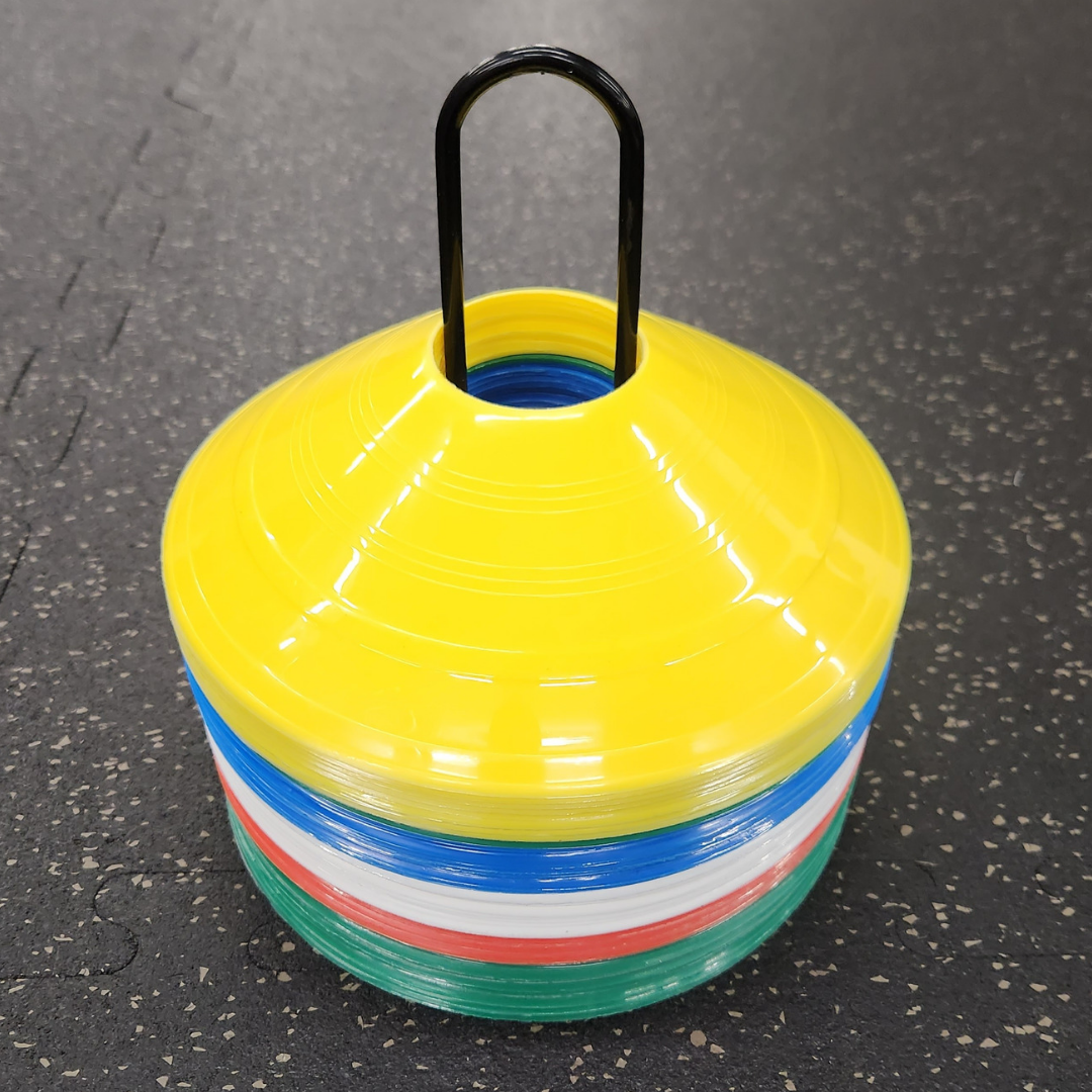 Agility Cone Set on black metal stand. Cone set come with 5 different colored cones: white, red, blue, green and yellow. 10 cones per color for a total  50 cones/set by White Lion Athletics. 