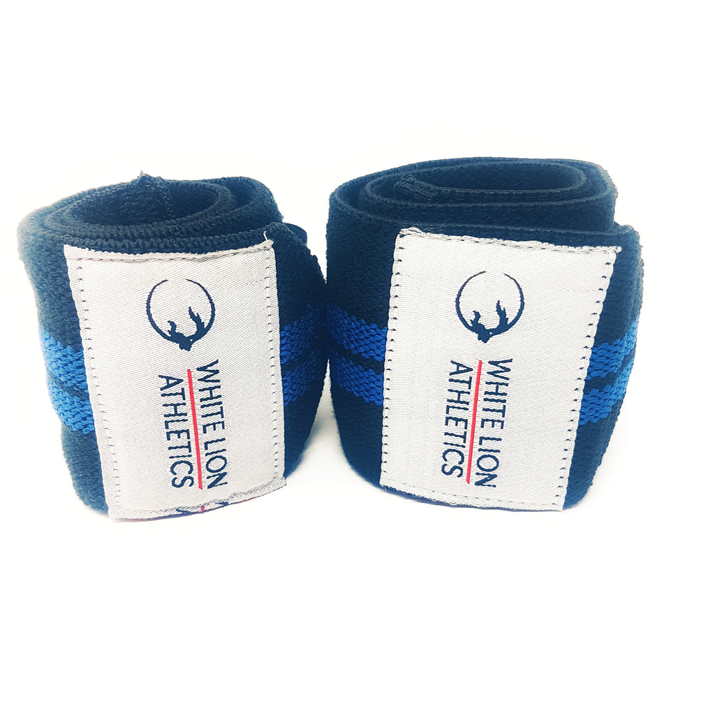 Wrist Wraps| Black with Blue Stripes| Wrist Support for Weightlifting & Crossfit - White Lion Athletics